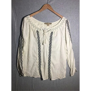 Womens Vintage America Jeans Blouse Boho Wide Neckline Blue Embroidery Details